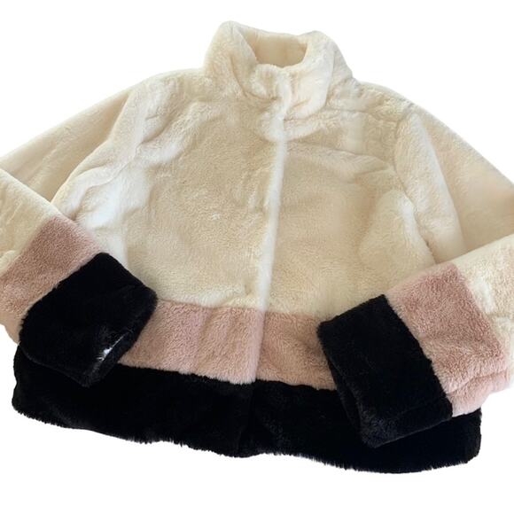 Forever 21 White/Black/Light Pink Colorblock Faux Fur Coat Jacket Large - Picture 8 of 8